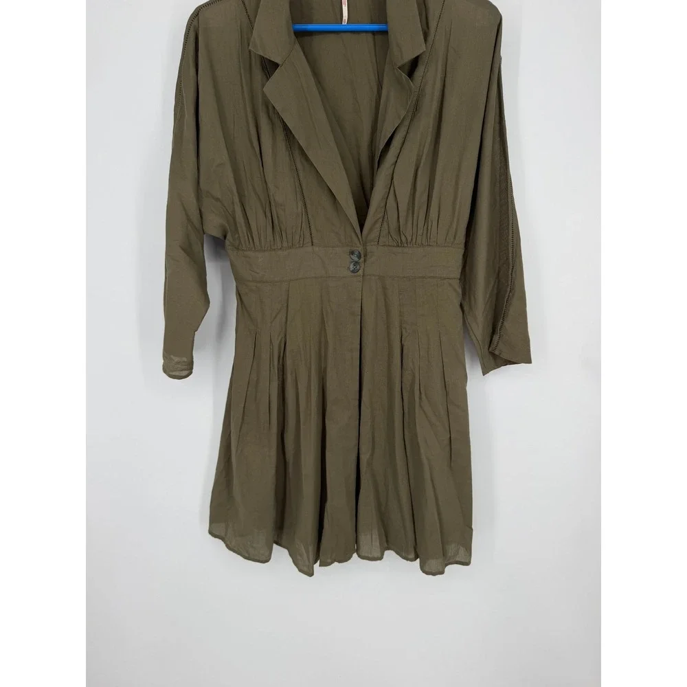 Free People Olive Green Cotton Notch Lapel Dolman Pleated Mini Dress XS OB814985